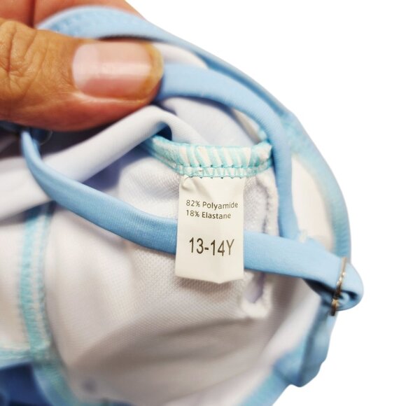 Girls Blue One-Piece Swimsuit With Tropical Leaf Sarong Wrap Size 13 -14 y - Picture 2 of 4